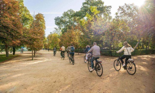 People enjoy riding a bicycle through the beautiful scenery in El Retiro Park, a popular and scenic park in central Madrid.