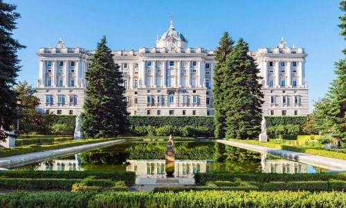 Royal Palace in Madrid, Spain viewed from the sabatini gardens.