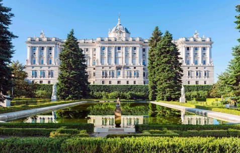 Royal Palace in Madrid, Spain viewed from the sabatini gardens.